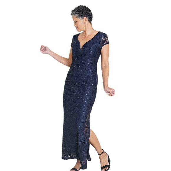 Connected Apparel NEW Size 14 Grace Navy Short Sleeve Sequin Lace Maxi Dress - Picture 4 of 11